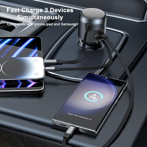 60W Retractable Car Charger, 3-Port USB-C Fast Charging Adapter - color: Black