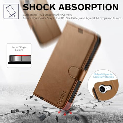 TUCCH Wallet Case for iPhone 17e & iPhone 16e (6.1"), 4 Card Holders, Brown | RFID Blocking, Viewing Stand, Shockproof TPU Shell, PU Leather, Magnetic Closure, Protective Folio Flip Cover - color: Brown