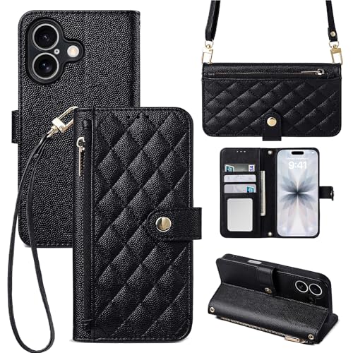 Wallet Phone Case Crafted for iPhone 17 Black | Women Wallet Flip Case Cover Wrist Strap Zipper Credit Card Holder Slots PU Leather - color: Black, size: iPhone 17