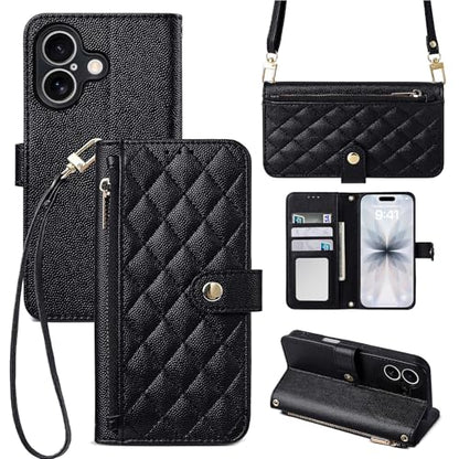 Wallet Phone Case Crafted for iPhone 17 Black | Women Wallet Flip Case Cover Wrist Strap Zipper Credit Card Holder Slots PU Leather - color: Black, size: iPhone 17
