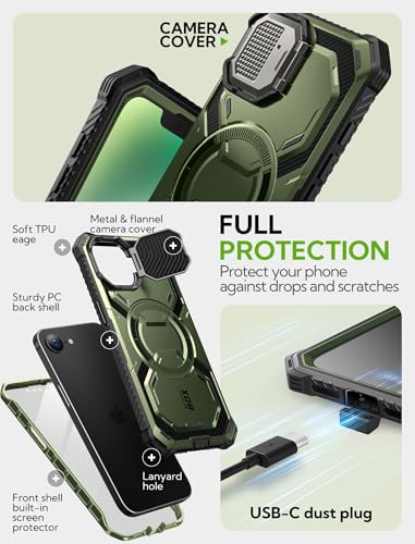 i-Blason for iPhone 16e / iPhone 17e Case MagSafe with Stand, Green | Built-in Screen Protector, Fit for MagSafe, Adjustable Camera Cover Stand, Full-Body Protection, Military - color: Green
