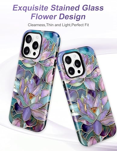 Magnetic Flower Phone Case for iPhone 15 Pro, Purple Water Lily | Compatible with MagSafe, Cute Stained Glass Floral Aesthetic, TPU and PC Shockproof Protective Phone Cover for Women Girls - color: Purple Water Lily
