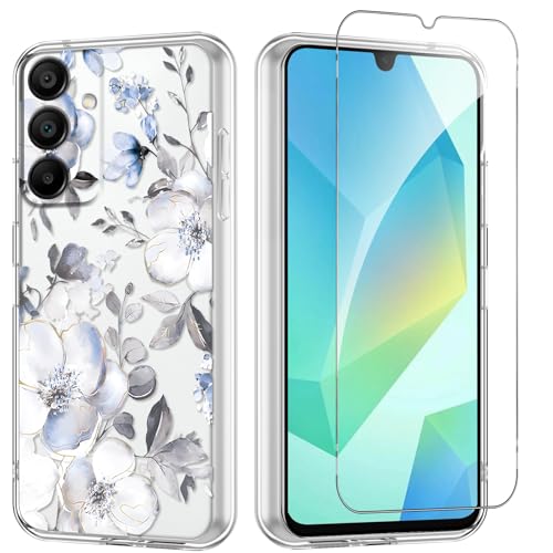 Flower Phone Case Floral for Samsung Galaxy A16 5G 6,7'' with Screen Protector, Clear Transparent Phone Cover Slim Soft Shockproof Anti-Scratch Drop Protection Funda for Girls Women, 04 - color: Flower 04, size: Samsung Galaxy A16 5G