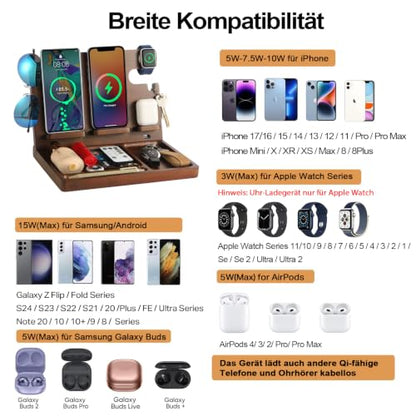 Wood Phone Docking Station with 4 Wireless Charger Nightstand Organizer - color: Walnut color