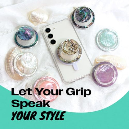 On The Grip Magnetic Phone Grip for MagSafe, Genuine Natural Crystal & Seashell Stone, Swappable Top, Strong Magnet Holder & Kickstand for iPhone 15 14 13 12 Pro Max Plus & MagSafe Cases (Violet)