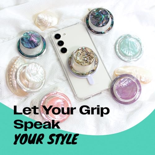 On The Grip Magnetic Phone Grip for MagSafe, Genuine Natural Crystal & Seashell Stone, Swappable Top, Strong Magnet Holder & Kickstand for iPhone 15 14 13 12 Pro Max Plus & MagSafe Cases (Aqua Blue)