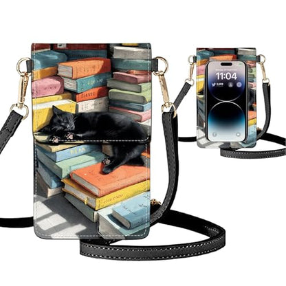 Small Crossbody Bags for Women Touchscreen Cell Phone Bag Cross Body Purses with adjustable Strap,Gifts For Teenage Girls - color: Black Cat In Books