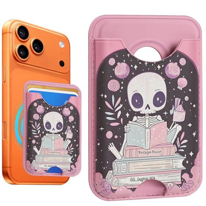 Compatible with Magsafe Wallet Magnetic Card Holder - Pink Skeleton Book Phone Wallets for Women Teen Girls Cute for iPhone 17/16/15/14/13/12 Series Slim for Apple Mag RFID Magnet,Fit 3 Cards - color: Pink Skeleton Book