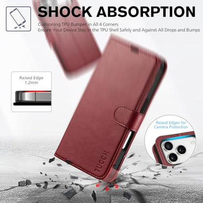 TUCCH Case Wallet for iPhone 17 Pro (6.3"), RFID Blocking Folio, Dark Red | 4 Card Holders, Kickstand, PU Leather, Magnetic Closure, Shockproof TPU Shell, Protective Flip Cover - color: Dark Red