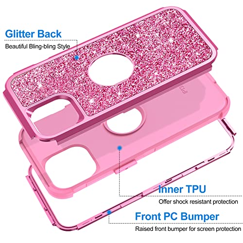 Hython Case for iPhone 13 Case Glitter, Cute Sparkly Shiny Bling Sparkle Cover, Heavy Duty 3 in 1 Hybrid Hard PC Soft TPU Bumper Full Body Shockproof Protective Phone Cases for Women Girls, Rose Red - color: Rose Red