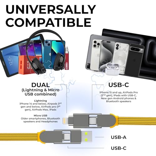 Rolling Square InCharge XL 200cm - USB C Charger Cable, Lightning Cable for Smartphone, Universal Cable Charger 6 in 1, USB Plug, Yellow, 100W - color: Yellow