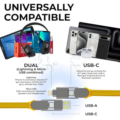 Rolling Square InCharge XL 200cm - USB C Charger Cable, Lightning Cable for Smartphone, Universal Cable Charger 6 in 1, USB Plug, Yellow, 100W - color: Yellow