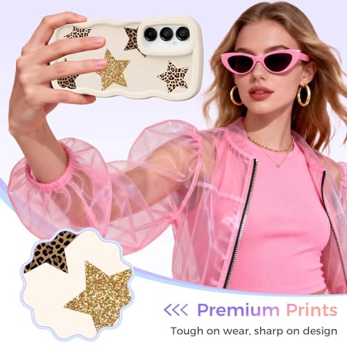 for Galaxy A15 Phone Case, Wavy Soft TPU, White-Leopard Star | Wavy Frame Design, Soft Slim TPU, Full Camera Lens Protection, Shockproof Phone Cover - color: White-Leopard Star, size: Samsung A15