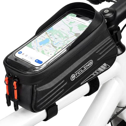 WOTOW Bike Phone Bag, Waterproof Bicycle Top Tube Phone Holder Hard Shell | Bike Front Frame Bag with TPU Touch Screen for Cell Phones Up to 7", 1.9L Bike Handlebar Bag for Ebike Accessories Storage