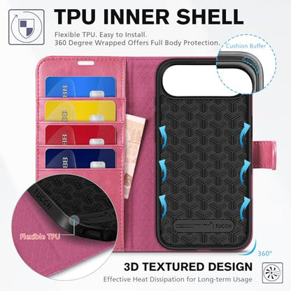TUCCH Wallet Case for iPhone Air (6.5") 2025, Flip Stand, Hot Pink | RFID Blocking, 4 Card Holders, Kickstand, PU Leather, Shockproof TPU Shell, Magnetic Closure, Protective Folio Cover - color: Hot Pink