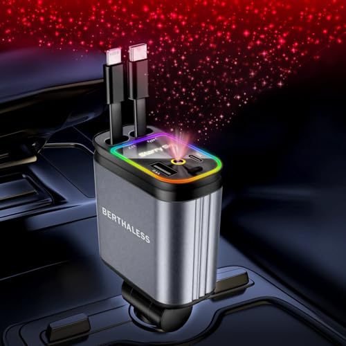 Retractable Car Charger, 4-in-1 Fast Charger with USB-C & USB-A - color: Red Starry Sky Light