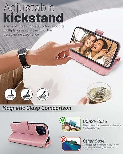 OCASE Compatible with iPhone 15 Wallet Case, PU Leather Flip Folio Case with Card Holders RFID Blocking Kickstand [Shockproof TPU Inner Shell] Phone Cover 6.1 Inch 2023, Pink - color: Pink