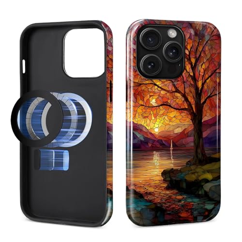 Magnetic Phone Case for iPhone 14 Pro Max,Compatible with MagSafe,Durable 2 Layers Full Covered Shockproof Protective Cover-Stained Glass Sunrise Fall Leaves - color: Stained Glass Sunrise Fall Leaves, size: iPhone 14 Pro Max