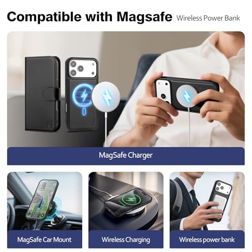 Magnetic 2 in 1 Detachable Compatible with Magsafe iPhone 17 Pro Max Genuine Wallet Case with Card Holder,Women Men Leather Flip RFID Blocking Credit Card Slots Stand Phone Cover,Black - color: Black, size: iPhone 17 Pro Max - 6.9"