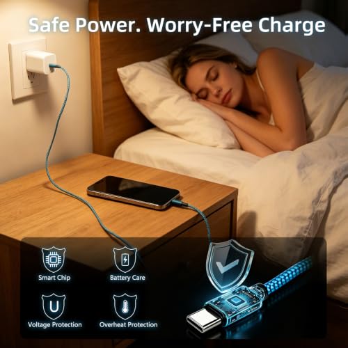 USB C to C Cable 60W 10ft 2-Pack Nylon Braided for iPhone 17/16/15 Blue - color: Blue, size: 10FT