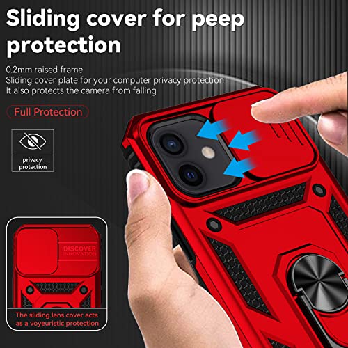 for iPhone 12 Mini Case with Camera Lens Cover HD Screen Protector, Dual Layer Military Grade Drop Protection Magnetic Ring Holder Kickstand Protective Phone Case for iPhone 12 Mini 5.4 inch (Red) - color: Red with camera cover Military-Grade 2nd gen