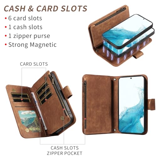 Asuwish Phone Case for Samsung Galaxy S22 5G Zipper Wallet Detachable Magnetic Cover with Tempered Glass Screen Protector Crossbody Lanyard Strap Card Holder S 22 22S 4G G5 6.1 inch Women Girls Brown - color: Brown