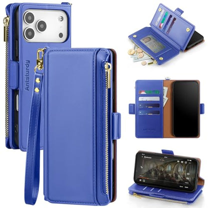 Antsturdy for iPhone 17 Pro Phone Wallet Case Women,Purple Blue | RFID Blocking,with Credit Card Holder Slots,PU Leather Purse,Zipper Pocket,Wrist Strap Kickstand,Flip Folio Cover for Men - color: Purple Blue