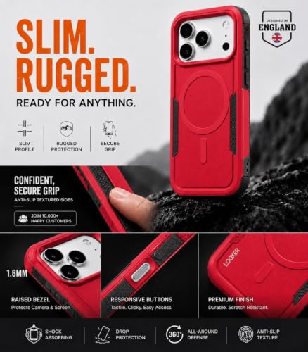 LOOXER® Heavy Duty Rugged Magnetic Case for iPhone 17 Pro (6.3”) | Military Grade Shockproof Protection,MagSafe Compatible+ Tempered Glass Included (Red, 17 Pro) - color: Red, size: 17 Pro