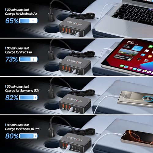 Dzytnsy 200W Car Fast Charging Station,6 Ports, Compatible with MacBook pro/Air/M5 M4 M3 M2 M1/Dell/Lenovo/HP,for iPhone18/17/16/15 Series,Samsung Galaxy S26/S25 Ultra/S24 Series and More
