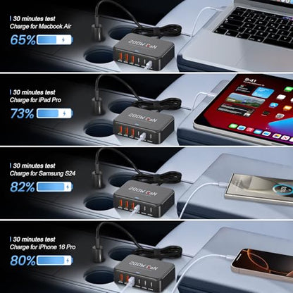 Dzytnsy 200W Car Fast Charging Station,6 Ports, Compatible with MacBook pro/Air/M5 M4 M3 M2 M1/Dell/Lenovo/HP,for iPhone18/17/16/15 Series,Samsung Galaxy S26/S25 Ultra/S24 Series and More