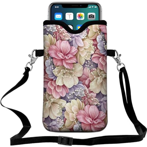 Universal Neoprene Cell Phone Pouch 7.1 X 4 in Mobile Protection Case Bag with Crossbody Strap/Neck Lanyard Luxury Flowers Leaf Printed Pattern - color: Luxury Flowers Leaf Printed Pattern