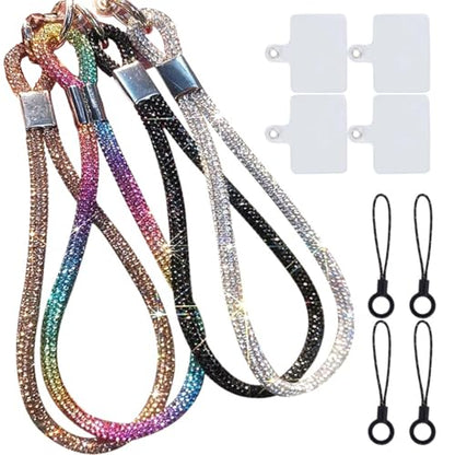 RUIYDZ 4pcs Luxury Diamond Phone Wrist Strap, Cell Phone Lanyards for Women, Short Phone Lanyard with Phone Tether Tab, Glitter Phone Strap Wrist Lanyard, Multicolor, Gold, Silver, Black