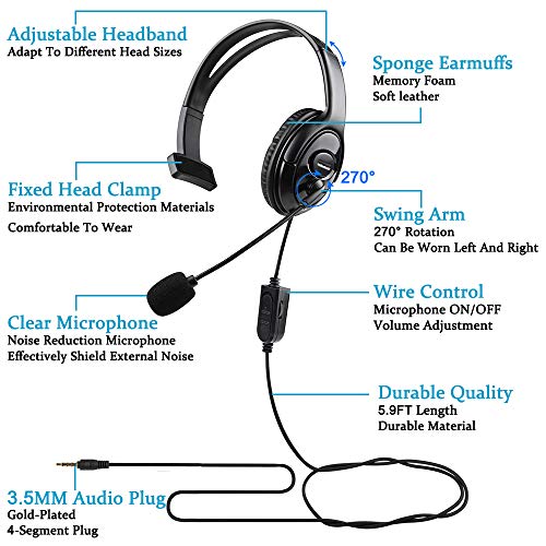 Wired Single Ear Headset with 3.5mm Jack & USB-C & USB-A Adapter for PS5, PS4, Xbox, Switch, PC, iPhone, iPad, Android - Unilateral Mono Headphone for Gaming, Call Center, Remote Work, Online Classes - color: Black | Single Ear | Flexible Mic