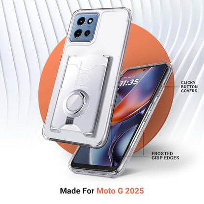 Shields Up for Moto G 5G 2025 Case, Wallet Case with Card Holder, Clear | Minimalist Wallet Case, 3 Card Slots, 360° Rotation Ring Stand/Kickstand, Drop Protection Protective Cover - size: Moto G 5G 2025