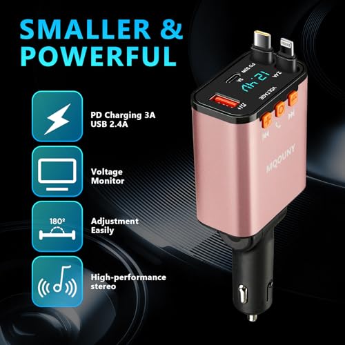 Retractable Car Charger,5 in 1 Fast Cars Phone Charger 60w,Bluetooth 5.3 FM Transmitter Adapter,Handsfree Call,MP3 Player,2 Retractable Cables and USB Chargers, for Phone,Galaxy,Pixel (Pink) - color: Pink