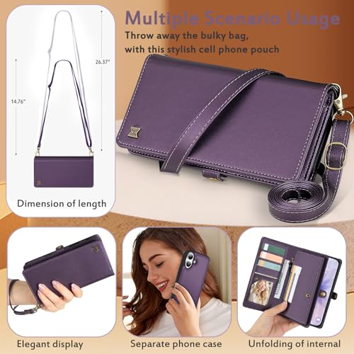 for Wallet Case Compatible with iPhone 17,Multi-Function Detachable 3 in 1 Magnetic iPhone 17 Case Wallet,Flip Strap Zipper Card Holder Phone Case with Shoulder Straps (Pruple) - color: Purple, size: iPhone 17