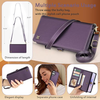 for Wallet Case Compatible with iPhone 17,Multi-Function Detachable 3 in 1 Magnetic iPhone 17 Case Wallet,Flip Strap Zipper Card Holder Phone Case with Shoulder Straps (Pruple) - color: Purple, size: iPhone 17