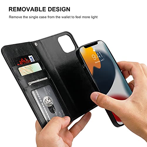 Bocasal Detachable Wallet Case Card Holder for iPhone 13, Black | RFID Blocking Kickstand Card Slots Holder PU Leather Magnetic Shockproof Wrist Strap Removable Flip Protective Cover 6.1 inch - color: Black