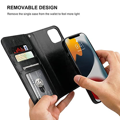 Bocasal Detachable Wallet Case Card Holder for iPhone 13, Black | RFID Blocking Kickstand Card Slots Holder PU Leather Magnetic Shockproof Wrist Strap Removable Flip Protective Cover 6.1 inch - color: Black