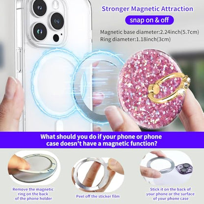 Magnetic Phone Ring Holder Compatible with MagSafe, Cute Phone Grip Stand with 360° Rotation Gold Glitter Finger Ring Kickstand Accessories for Most Phones Glitter Pink Pattern