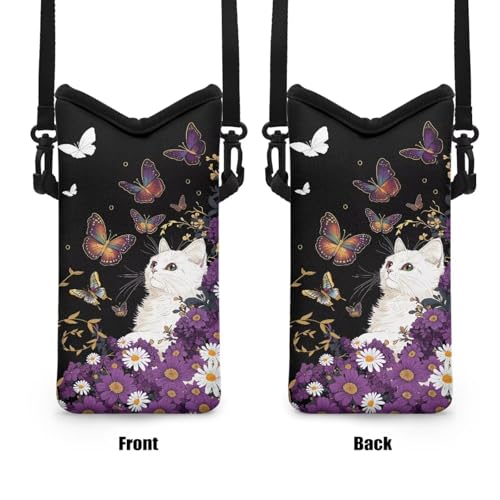 Mini Cell Phone Crossbody Bag Neoprene Smartphone Wallet Bag Shockproof and Waterproof Compatible with Most Smartphones for Traveling, Beach, Cute Cat Butterfly Violet Daisy Black - color: Cute Cat Butterfly Violet Daisy Black