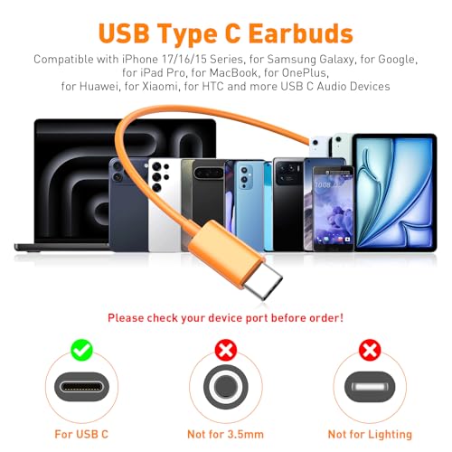 USB C Headphones Magnetic Wired Earbuds with Mic Volume Control 4ft Orange - color: Orange