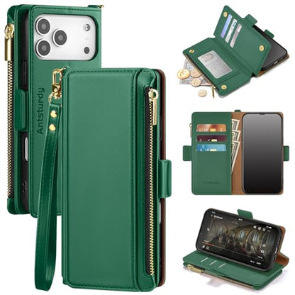 Antsturdy for iPhone 17 Pro Phone Wallet Case Women,Green | RFID Blocking,with Credit Card Holder Slots,PU Leather Purse,Zipper Pocket,Wrist Strap Kickstand,Flip Folio Cover for Men - color: Green