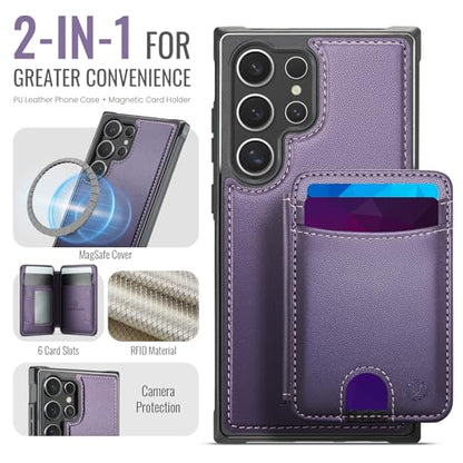 WJX for Samsung Galaxy S25 Ultra MagSafe Wallet Case, 2-in-1 Detachable Luxury Card Holder, Universal MagSafe Compatible, RFID Blocking, Shockproof Kickstand Slim Cover，Grape Purple - color: Grape purple, size: Galaxy S25 Ultra