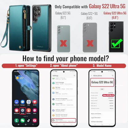 Defencase for Galaxy S22 Ultra Case Wallet Compatible with Magsafe, Green | Magnetic Detachable, RFID Bolcking Card Holder, Zipper Strap, PU Leather Drop-Proof Phone Cover for Samsung Galaxy S22 Ultra - color: (Detachable with Magsafe)-Blue Green