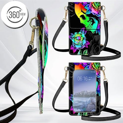 for Women Cell Phone Purse,with Touchscreen Cell Phone Purse,PU Leather Shoulder Bag Waterproof Phone Wallet Case with Clear Touch Screen Window up to 6.7 inch Smartphone, - color: Colorful Skull Rose Flower