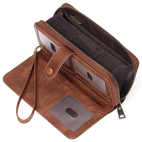 GAEKEAO Leather Credit Card Holder Wallet for Women RFID Blocking Large Capacity Bifold Zipper Card Case Organizer with Wristlet 45 Slots - color: Brown