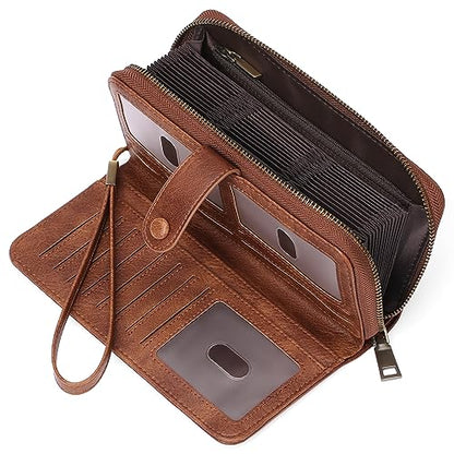 GAEKEAO Leather Credit Card Holder Wallet for Women RFID Blocking Large Capacity Bifold Zipper Card Case Organizer with Wristlet 45 Slots - color: Brown