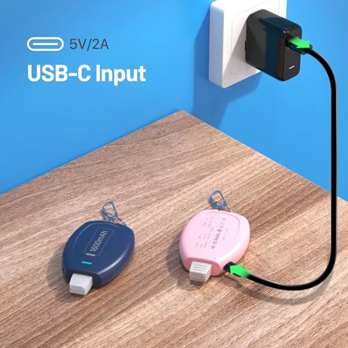 (2-Pack USB C Keychain Portable Charger, 1600mAh Mini Power Bank Ultra-Compact Battery Pack Power Emergency pod for iPhone 17/16/15 / Android Type-C Phones Samsung, Pixel, Moto etc-Pink&Blue