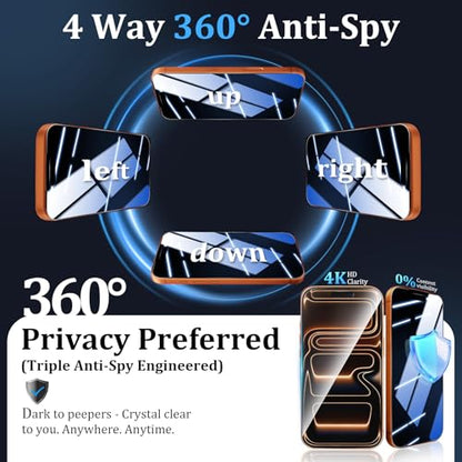 (3+2 Pack) 360° Privacy Screen Protector for iPhone 17 Pro Max 【4 Way Anti Spy】 + Camera Lens Protector,9H Shatterproof, Anti-Peep,Bubble-Free, Case Friendly Easy Installation Frame Included - size: iPhone 17 Pro Max